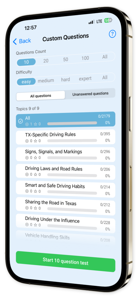 Texas DMV Practice Test app screenshot first